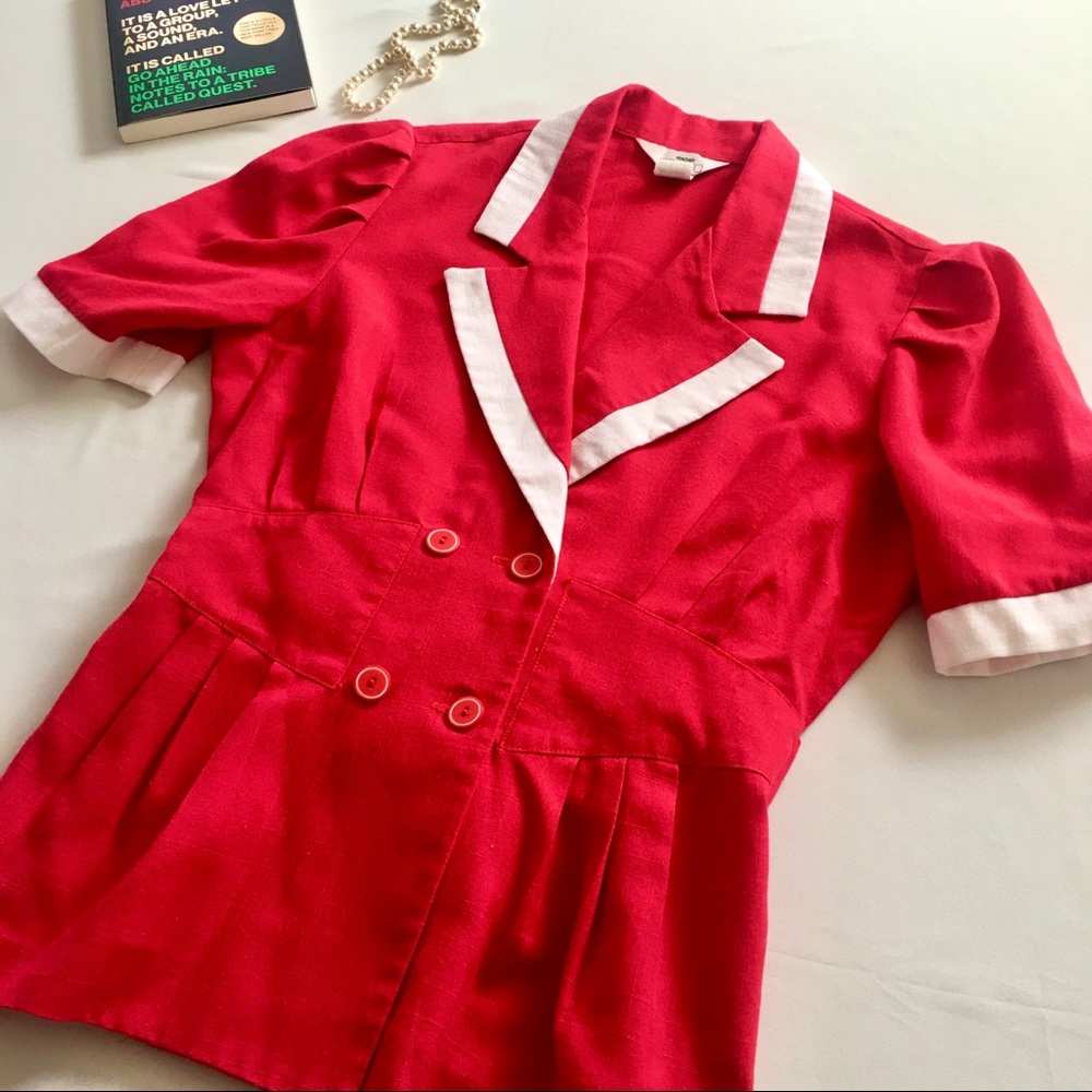 Vintage Cherry Red (Lipstick) & White Peplum Retro Secretary/Uniform Blouse